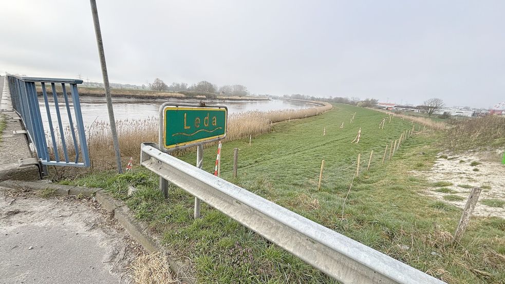 Im Deich an der Ledabrücke stecken Stöcke mit Flatterband. Foto: Jonas Bothe