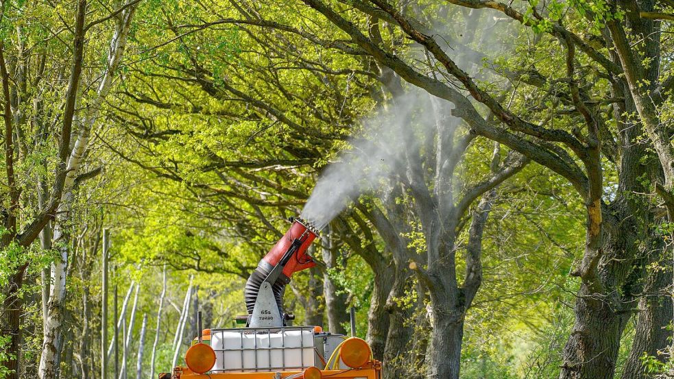 Ein Lastwagen mit einer montierten Sprühkanone bekämpft Eichenprozessionsspinner. Foto: Klaus-Dietmar Gabbert