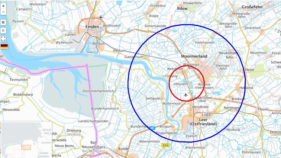 Das ist ein Screenshot der interaktiven Karte. Der rote Kreis umschließt die Schutzzone, der blaue Kreis markiert die Überwachungszone. Screenshot: Vera Vogt/Karte: Landkreis Leer