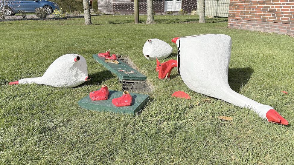 Trauriger Anblick: Die zerbrochenen Gänsefiguren liegen im Vorgarten auf dem Grundstück von Ludwig Smidt in Marienhafe. Foto: Thomas Dirks