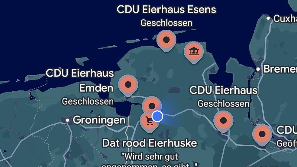Unbekannte haben CDU-Büros in ganz Deutschland in „Eierhaus“ umbenannt. Screenshot: Google Maps