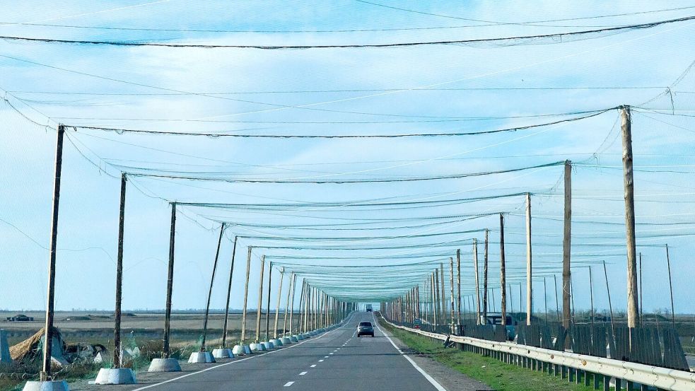 Netze über den Strtaßen bei Cherson sollen russische Drohnen abhalten. (Archivbild) Foto: Efrem Lukatsky/AP/dpa