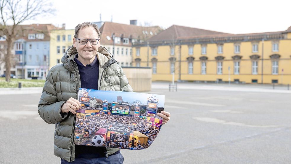 Schwarz-rot-gold statt grauer Fläche: Auf dem Ledenhof können Fußballfans die WM-Spiele der Nationalmannschaft – und weitere Partien – verfolgen. Foto: Sebastian Dannenberg
