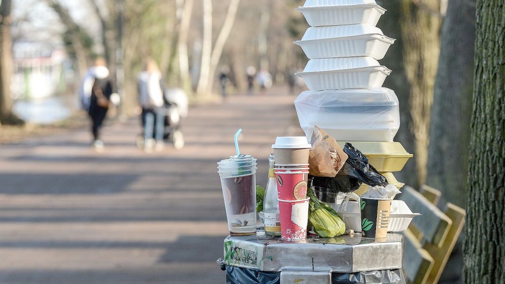 Dieser übervolle Mülleimer mit Einwegverpackungen wurde im Treptower Park in Berlin fotografiert, kommt so ähnlich aber auch in anderen Städten vor. Foto: DPA