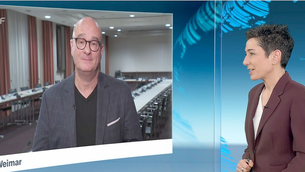 „Ganz kurz zum Schluss: Was raten Sie Frauen?“ Dirk Peglow im „heute journal“ im Gespräch mit Dunja Hayali. Foto: ZDF „heute journal“