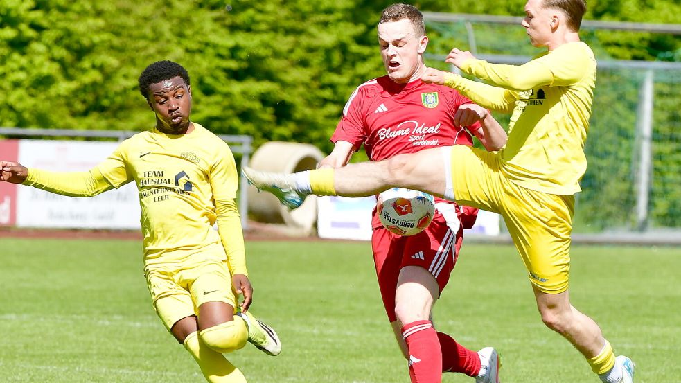 Viel Gegenwehr erfuhr der Tabellenführer aus Pewsum (Mitte Klaas Folkerts) von Germania. Foto: Hans Damm