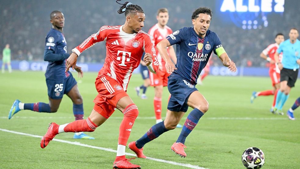 Hohes Tempo, viele Tore: Michael Olise (l) und die Bayern lieferten in Paris ein Spektakel. Foto: Federico Gambarini/dpa