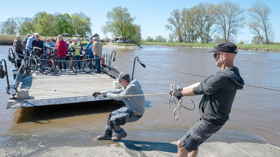 Die Fährmänner hatten mächtig zu tun, um die Fähre immer wieder von einer Seite auf die andere zu bewegen und am Anleger in die richtige Position zu bringen. Foto: Klaus Ortgies