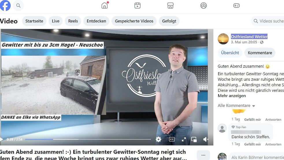 Hobby-Meteorologe Steffen Lüpkes zeigte am Abend des 3. Mai 2026 in seiner Sendung Ostfriesland Wetter ein Foto, das eine Userin ihm geschickt hatte. Screenshot: Karin Böhmer