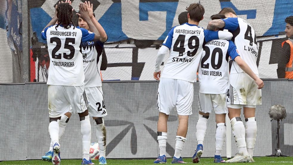 Der HSV jubelt nach Vieiras Tor. Foto: Federico Gambarini