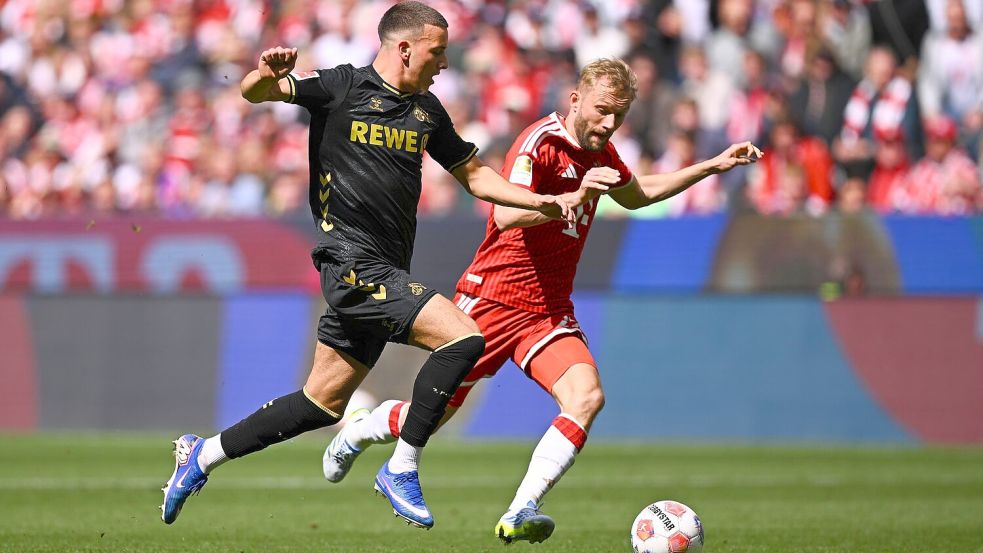Said El Mala entkommt auf dem Weg zum Kölner 1:2 Bayern-Verteidiger Konrad Laimer (r). Foto: Tom Weller