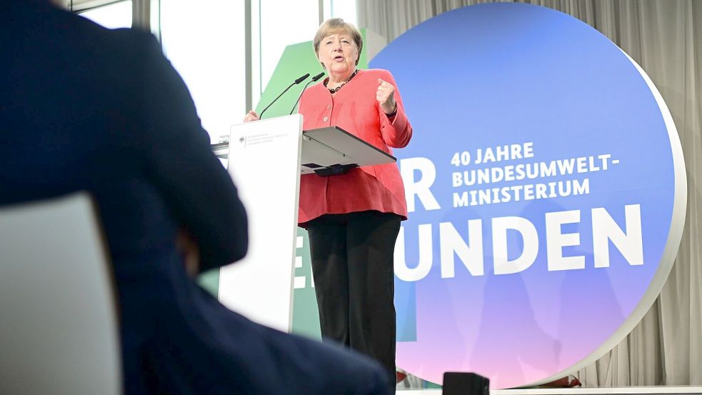 Die frühere Kanzlerin Angela Merkel (CDU) fordert mehr Aufmerksamkeit für den Klimaschutz ein. Foto: Sebastian Christoph Gollnow/dpa