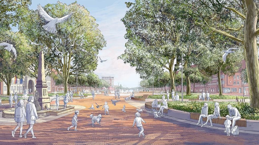Das war die Grobplanung, im Detail sieht der Stadtgarten wieder anders aus. So wird die Fläche nicht mehr klinkerversiegelt. Grafik: Stadt Emden