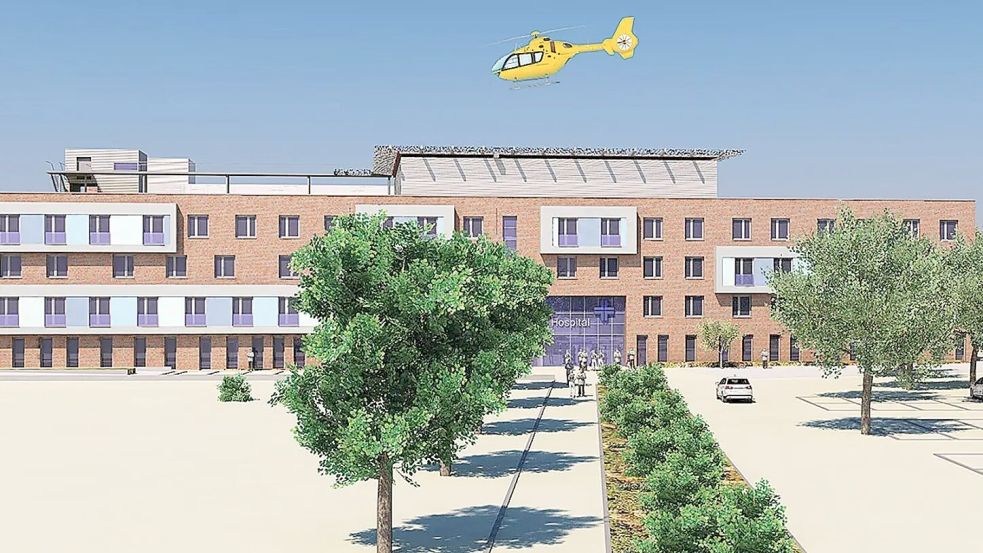 Direkt über dem Haupteingang auf dem Dach des Papenburgers Marien-Hospitals soll der Hubschrauberlandeplatz entstehen. Grafik: Visualisierung: Marien-Hospital