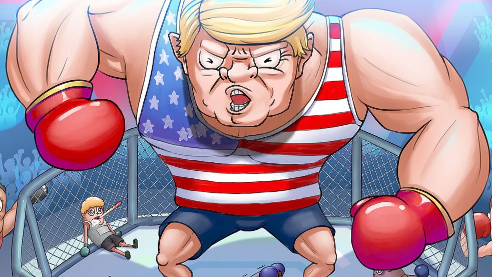 Karikatur von einem Schwergewicht: US-Präsident Donald Trump auf einem Plakat in North Dakota. Foto: IMAGO/Dreamstime