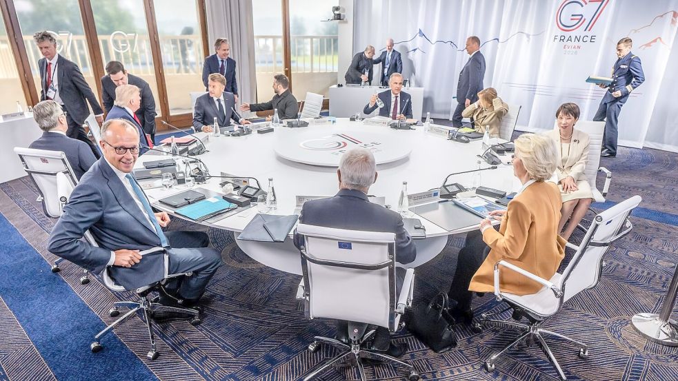 Die Staats- und Regierungschefs der G7 haben sich auf eine gemeinsame Erklärung zu geopolitischen Fragen geeinigt. Foto: Michael Kappeler/dpa-Pool/dpa