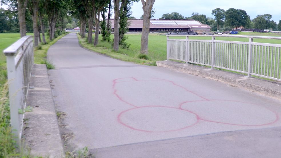 Über die Osterhörner Straße im Zuge der Brücke übers Holter Schöpfwerkstief hat jemand mit Sprühfarbe einen Penis gemalt. Die Gemeinde Rhauderfehn wurde daraufhin aktiv. Foto: Astrid Fertig
