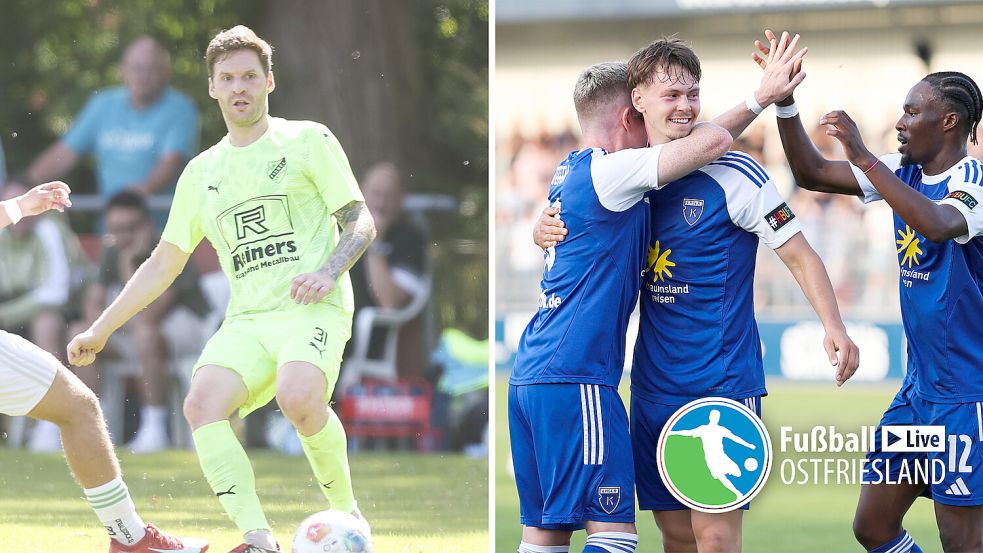 GW Firrel (links Reinhard Grotlüschen) misst sich am Freitag mit dem drei Klassen höher spielenden BSV Kickers Emden (rechtes Bild, von rechts: Michael Igwe und Nick Stepantsev). Fotos: Jens Doden, Emden