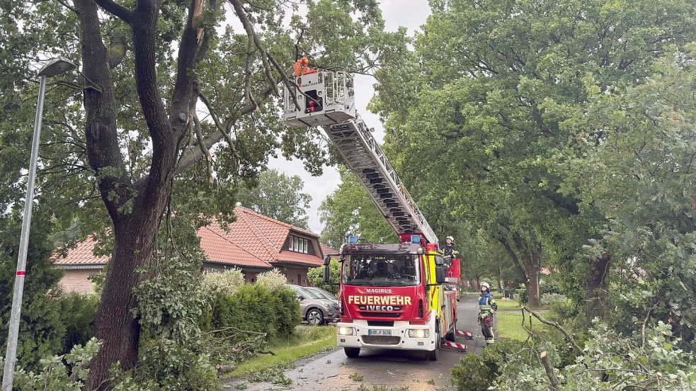 In der Nacht von Samstag auf Sonntag, 27. Juni, auf Sonntag, 28. Juni, war unter anderem die Freiwillige Feuerwehr Aurich im Einsatz, um Unwetterschäden zu beseitigen. Foto: Sönke Geiken/Feuerwehr Aurich