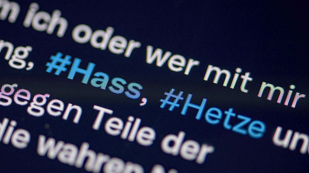 Auf dem Bildschirm eines Smartphones sieht man die Hashtags Hass und Hetze in einem Twitter-Post. Foto: DPA