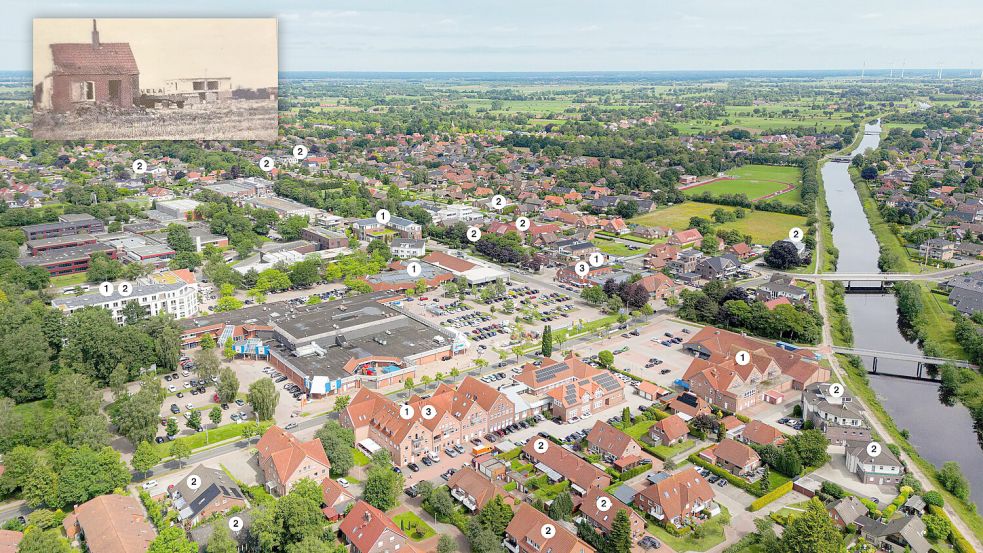Die Real-Unternehmensgruppe baute im Ortszentrums von Warsingsfehn zahlreiche Gewerbeeinheiten (1), Mehrfamilien- und Reihenhäuser (2) sowie Wohnungen (3). Das kleine Bild zeigt den Oltmanns-Hof im Jahr 1975. Heute steht dort das Rathaus. Fotos: Real Immobilien/OZ-Archiv