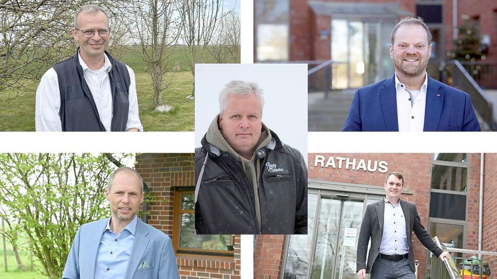 Roelf Odens (oben links, im Uhrzeigersinn), Heiko Ringena, Matthias Arends, Johannes Booken und Jan Hillebrand wollen Bürgermeister in der Krummhörn werden. Fotos: Heinz Wagenaar/Hannah Weiden/Privat