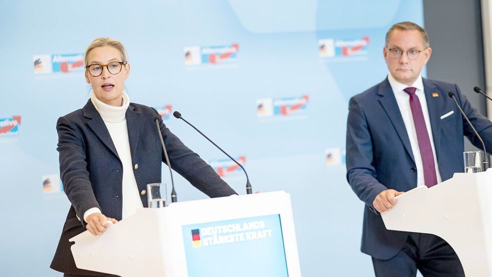 Kurz vor dem zweiten Parteitags-Wochenende mischten sich auch die AfD-Chefs Alice Weidel und Tino Chrupalla in den Streit ein. (Archivbild) Foto: Fabian Sommer