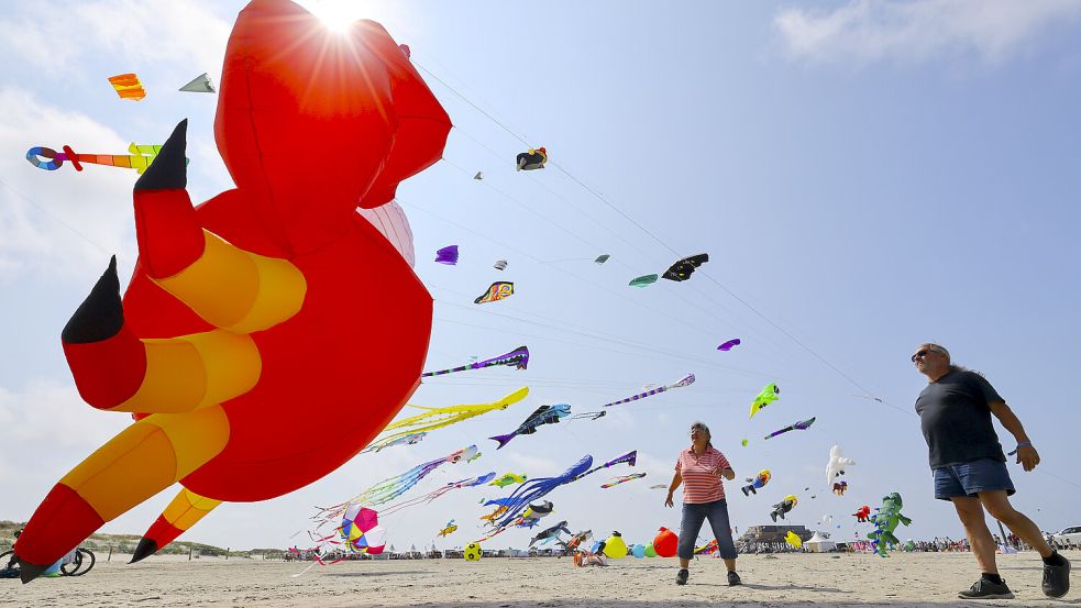 In Schillig am Strand kann man am Wochenende viele bunte Drachen bewundern – sofern das Wetter mitspielt. Symbolfoto: Christian Charisius/DPA
