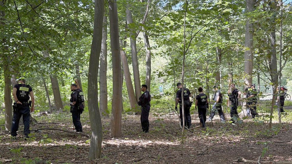 Im Berliner Tiergarten suchen Polizisten offenbar weitere Beweismittel zum Terroranschlag vom vergangenen Samstag. Foto: Sven Kaeuler