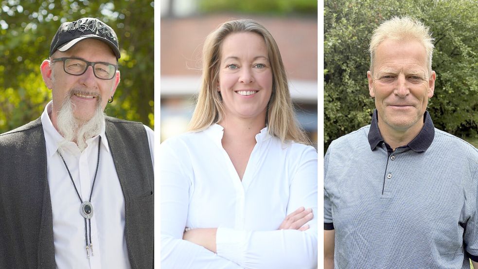 Einer von ihnen wird der nächste Bürgermeister der Gemeinde Rhauderfehn: Thorsten Vesper (Grüne), Kerstin Ojemann (Moin) und Geert Müller (parteilos) kandidieren alle drei für das Amt des Verwaltungschefs. Collage: Thorben Malchus/ZGO