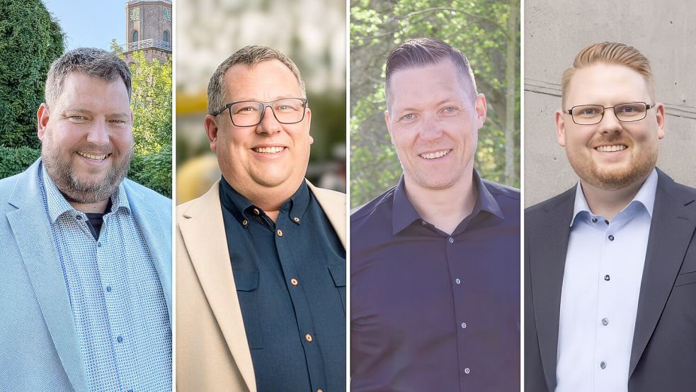 Rainer Smidt (von links), Lars Padeken, Carsten Voß und Malte Blümel treten bei der Wahl des Bürgermeisters in der Gemeinde Jemgum an. Fotos: Privat