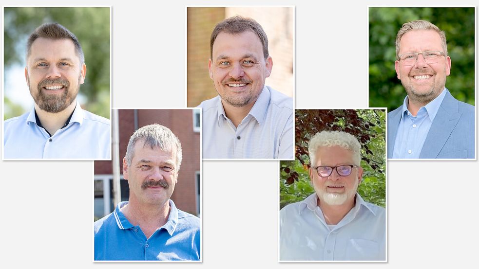 Joachim Duin (von links), Erwin Burlager, Andreas Rademacher, Holger Kleihauer und Lars Schipper bewerben sich um das Amt des Bürgermeisters in der Samtgemeinde Hesel. Fotos: Agnes Kinczer/privat/KINDSKOPF.STUDIO
