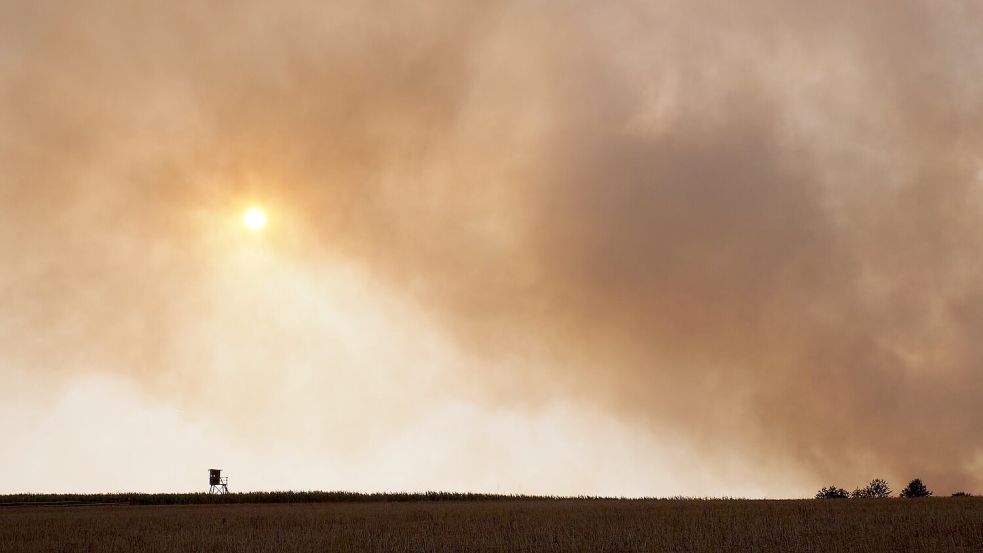 Das Feuer verdunkelt den Himmel über dem Hürtgenwald, allerdings nicht mehr so stark wie am Freitag. Foto: Georg Hilgemann