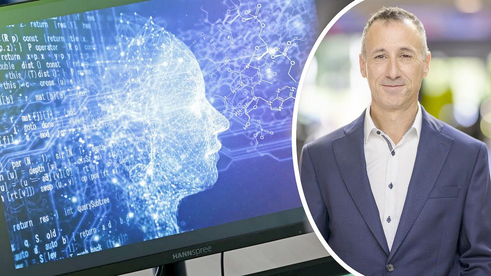 Adrian Müller ist der Deutschlandchef von HP. Er betrachtet die Entwicklung von Künstlicher Intelligenz genau. Foto: Links: dpa/Matthias Bein, rechts: HP Deutschland, Collage: Grafikgenerator/lpw