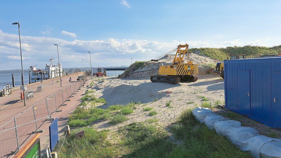 Der große Bagger stand wochenlang regungslos am Hafen. Den Steuerzahler soll das wöchentlich rund 5.000 Euro gekostet haben. Ein Schnäppchen, gemessen an den Gesamtkosten für den Hafenausbau in Höhe von 21 Millionen Euro. Foto: Theo Kruse