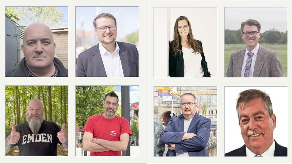 Sie treten zur Oberbürgermeisterwahl an: Thomas Groblica (von oben links, parteilos), Amtsinhaber Tim Kruithoff, Maria Winter (SPD), Hendrik Küpker (GfE), Ingo Weber (von unten links, parteilos), Reza Darbani, Achim Fischer (AfD) und Edgar da Silva Oliveira (parteilos). Fotos: Privat (7)/Stephanie Schuurman (1)