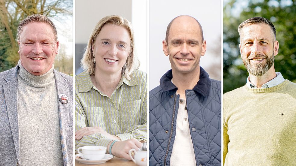 Hermann Pleis (von links), Katja Baumann, Florian Hartmann und Tobias Boelsen bewerben sich um das Amt des Bürgermeisters in der Gemeinde Uplengen. Collage: Kirsten Schüür/Fotos: privat/Medienproduktion Robert Plump