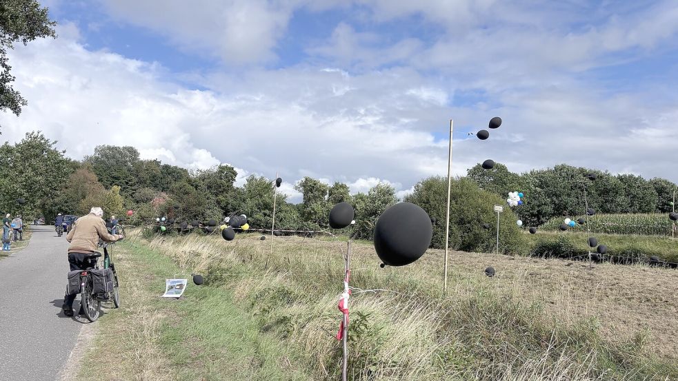 Mit schwarzen Ballons wurden die Maße einer möglichen Brücke über den Ems-Jade-Kanal angedeutet. Foto: Christin Wetzel