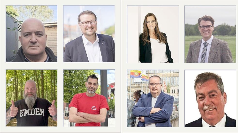 Sie treten zur Oberbürgermeister-Wahl an: Thomas Groblica (von oben links, parteilos), Amtsinhaber Tim Kruithoff, Maria Winter (SPD), Hendrik Küpker (GfE), Ingo Weber (von unten links, parteilos), Reza Darbani (parteilos), Achim Fischer (AfD) und Edgar da Silva Oliveira (parteilos). Fotos: Privat (7)/Stephanie Schuurman (1)