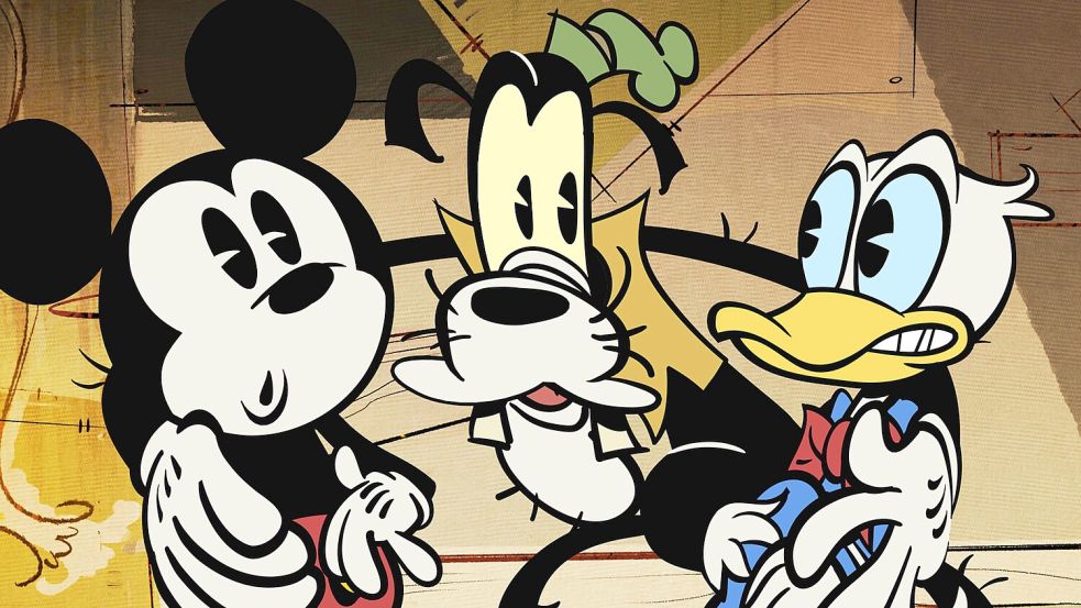 Micky Maus, Donald Duck (r.) und Goofy: Drei Disney-Klassiker in ihrer modernen, an die frühen Zeichentrickjahre angelehnten Darstellung. Foto: dpa/Disney Channel