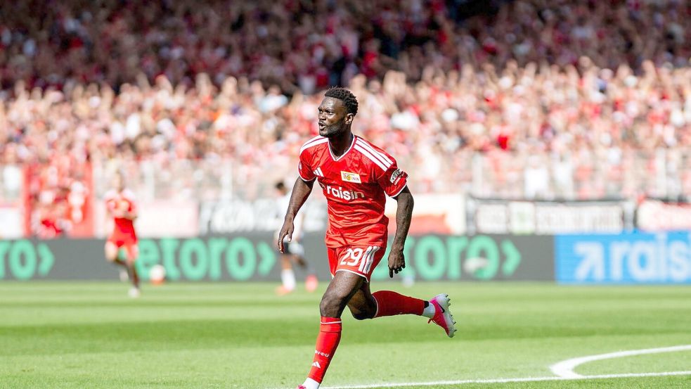 Bringt Union bei seiner Bundesliga-Premiere in Führung: Emmanuel Latte Lath. Foto: Julius Frick/dpa