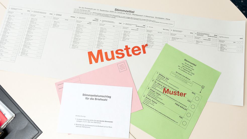 So sehen die Stimmzettel für die Landrats- und die Kreistagswahl im Landkreis Aurich aus. Foto: Landkreis Aurich