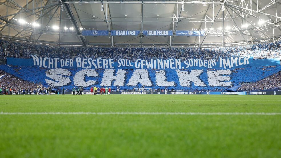 Die Schalker Anhänger feierten das erste Heimspiel nach der Rückkehr ins Fußball-Oberhaus mit einer großen Choreographie. Foto: Fabian Strauch