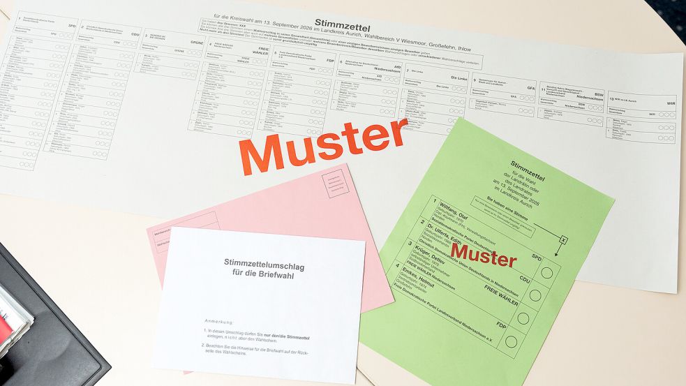 So sehen die Stimmzettel für die Kreistags- und Landratswahl im Landkreis Aurich aus. Foto: Landkreis Aurich