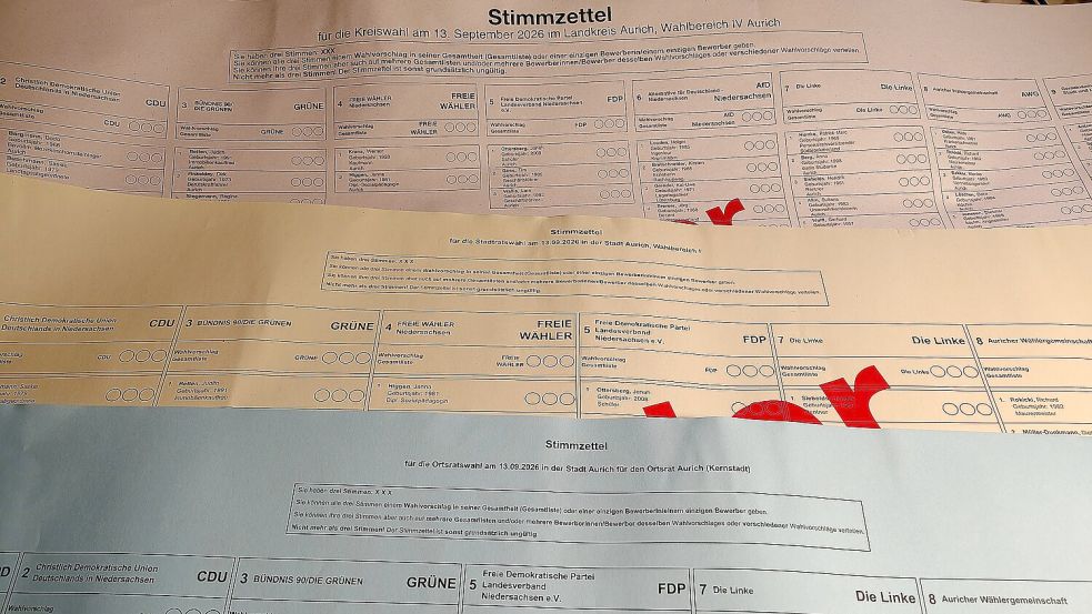 Nicht auf allen Stimmzetteln in den Auricher Wahllokalen taucht die AfD auf. Das hat damit zu tun, dass die Partei sich beispielsweise für den Stadtrat nicht zur Wahl gestellt hat. Foto: Karin Böhmer