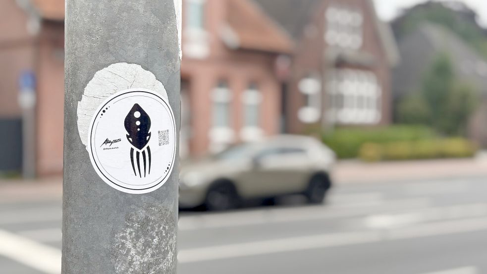 Die Abyss-Aufkleber klebten an etlichen Stellen auf öffentlichem Eigentum wie Ampelmasten. Foto: Eva van Loh