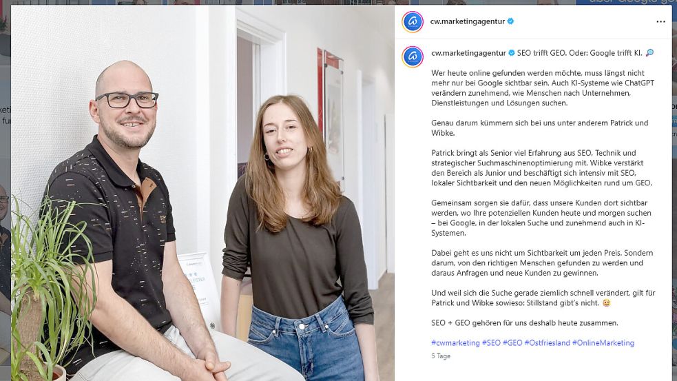 SEO trifft GEO. Oder: Google trifft KI. Patrick Niessen und Wibke Groenewold haben "ihr" Thema auch auf dem Instagram-Kanal von cw.marketing aufgegriffen. Foto: privat