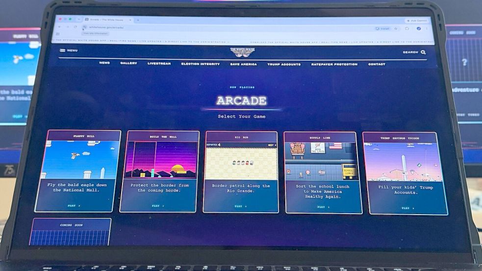 Das zweite Spiel von links, „Build The Wall“, ist mittlerweile nicht mehr auf der Arcade-Webseite des Weißen Hauses abrufbar. (Archivbild) Foto: Jon Elswick