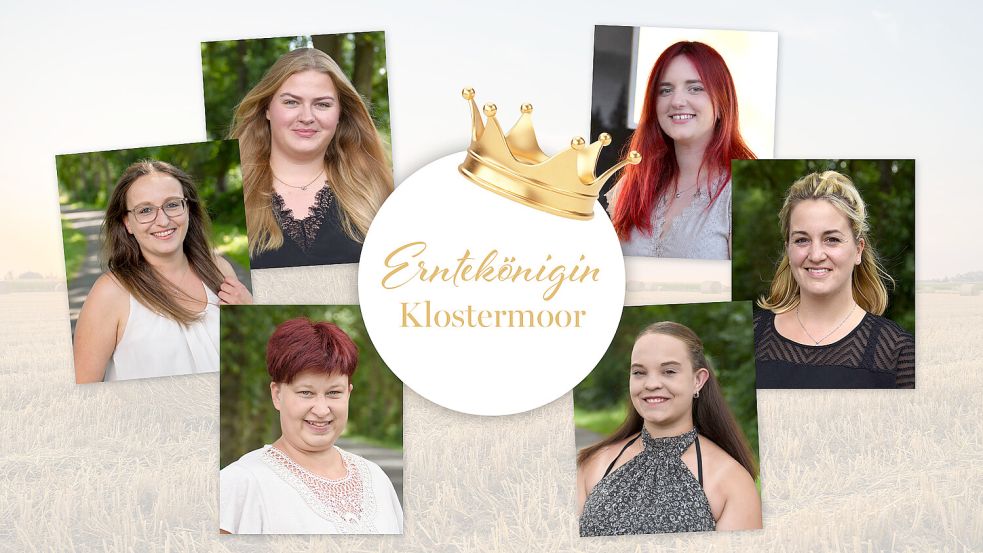 Sie wollen an diesem Freitag Erntekönigin werden (von links, im Uhrzeigersinn): Melanie Cordes, Thalea Dornbusch, Lea-Marie Ulpts, Michaela Park, Jona Brand und Jennifer Wienberg. Fotos: privat/Collage: Kirsten Schüür