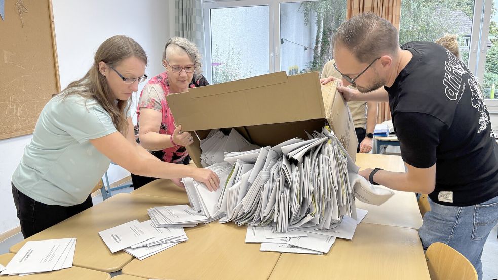 Die Kommunalwahl in Wiesmoor hat wie in ganz Ostfriesland für Überraschungen gesorgt. Hier die Auszählung der Briefwahlunterlagen in der KGS in Wiesmoor. Foto: Nicole Böning